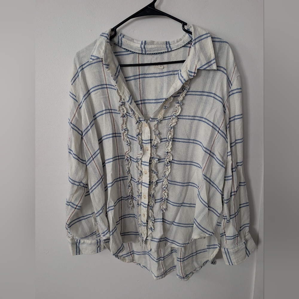 Pilcro Wool Blend Plaid Flannel‎ Long Sleeve Ruffle Blouse